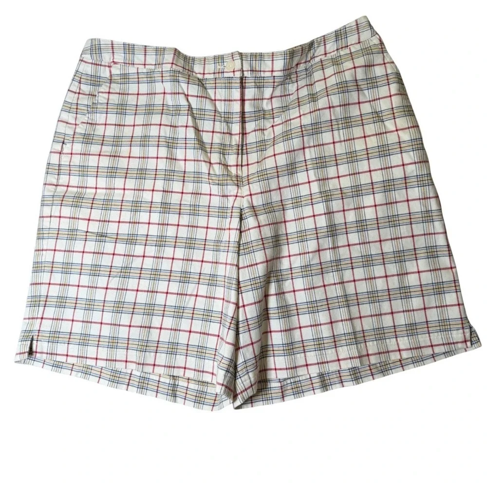 90s Vintage Lizgolf Liz Claiborne Plaid Shorts Womens 14 White Red Blue Yellow